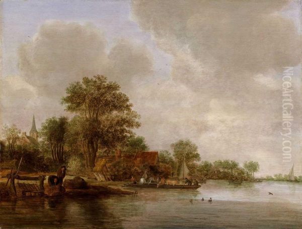 Flusslandschaft Mit Beladener Bootsfahre Oil Painting by Jan Coelenbier