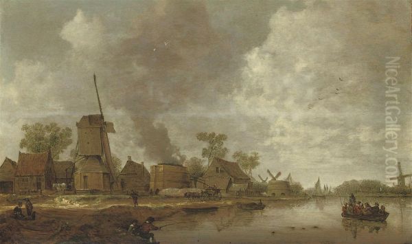 A River Landscape With Figures Near A Windmill And Lime Kilns Oil Painting by Jan Coelenbier