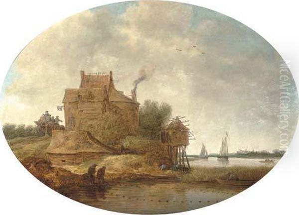 A River Landscape With Peasants Fishing Near An Inn Oil Painting by Jan Coelenbier