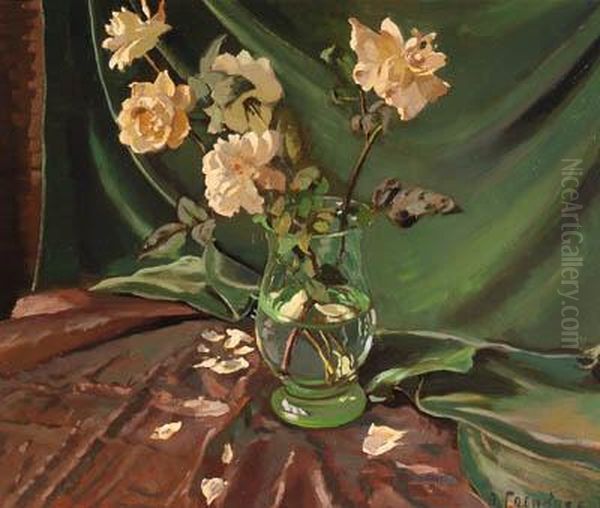 A Still Life With White Roses In A Glass Vase Oil Painting by Otto Coenders