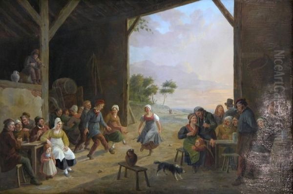 Dansfeest In De Herberg - Fete Dans L'auberge. Oil Painting by Constantin Fidele Coene