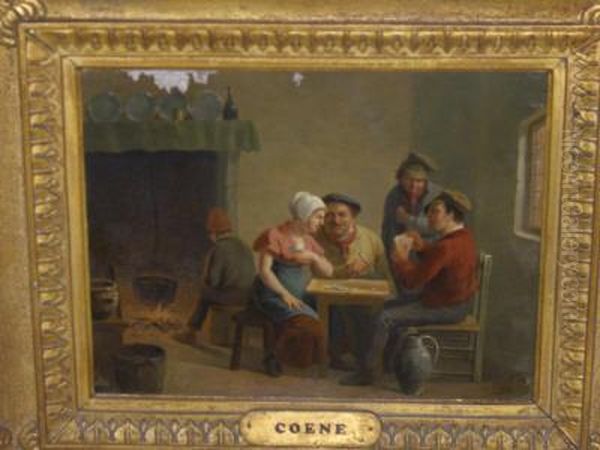 Figures Playing Cards In An Interior, Another Watchinga Cooking Vessel Over A Fire Oil Painting by Constantin Fidele Coene