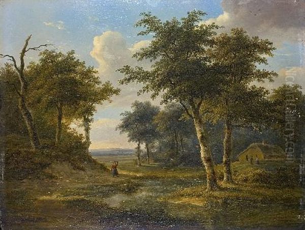 Bewaldete Flusslandschaft Mit Bauernhaus Und Staffagefiguren Oil Painting by Jean-Baptiste Coene