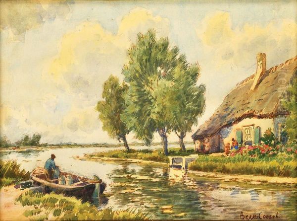 Paisagem - Casa E Figuras Junto A Rio Oil Painting by Bernardus Franciscus Coesel