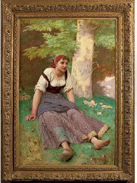 Jeune Paysanne Sous Un Arbre Oil Painting by Charles Alexandre Coessin de la Fosse