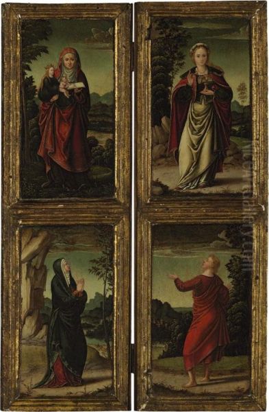 Two Wings Of An Altarpiece: Saint Anne And The Virgin Mary; Andmary Magdalene And Saint Peter Oil Painting by Marcellus Coffermans