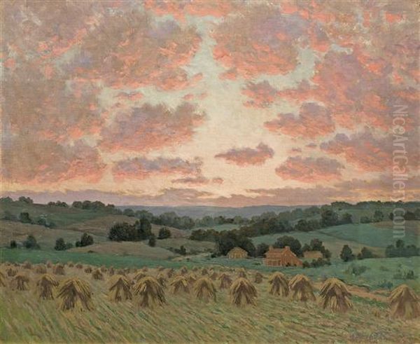 Pink Sky Over The Haystacks Oil Painting by William Anderson Coffin