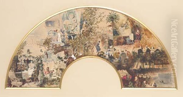 La Journee D'un Homme Du Monde (the Day Of A Gentleman-artist): Adesign For A Fan Oil Painting by Leon-Gabriel Coffinieres De Nordeck