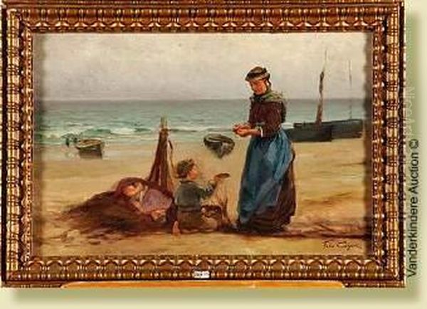 Mere Et Ses Enfants Sur La Plage Oil Painting by Felix Cogen