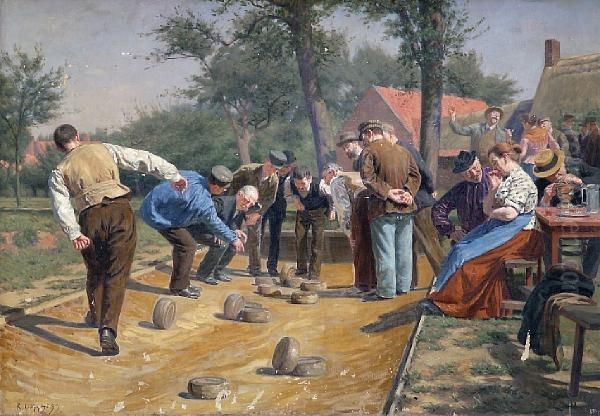 Playing Boules In A Flemish Village Oil Painting by Remy Cogghe