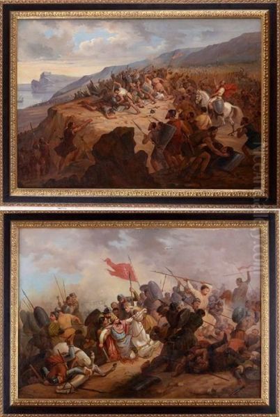 Two Battle Scenes Oil Painting by Leon Cogniet