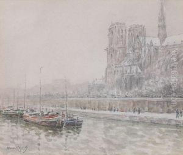 Paris, Les Quais Et Notre Dame, Effet De Neige Oil Painting by Marcel Cogniet