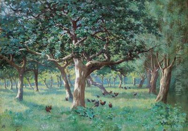 Galline Nel Querceto Oil Painting by Marcel Cogniet