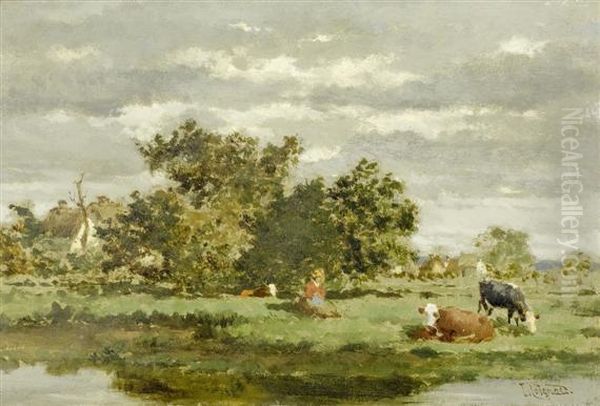 Landscape With Cows And A Cowherd Oil Painting by Louis Coignard