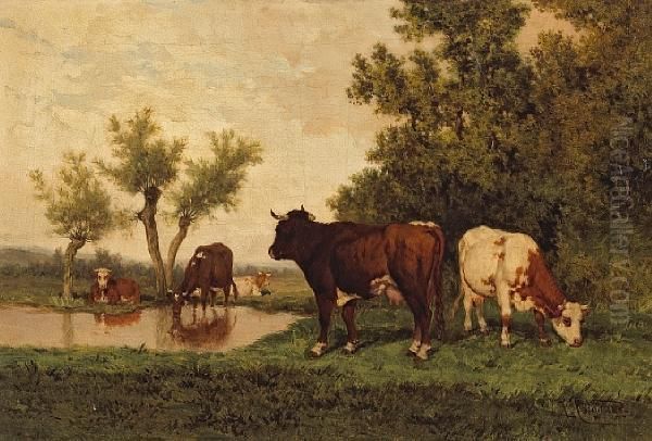 Cattle Grazing Near A Pond Oil Painting by Louis Coignard