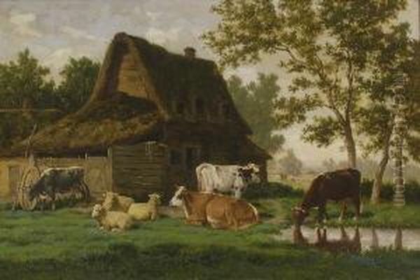 Kuhe Und Schafe Vor Dem
 Bauernhaus. Oil Painting by Louis Coignard