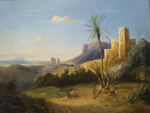 Paesaggio Di Terracina Con Sfondo Del Circeo Oil Painting by Jules Louis Phillipe Coignet