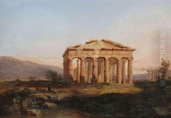 Temples Of Paestum At Evening Light Oil Painting by Jules Louis Phillipe Coignet