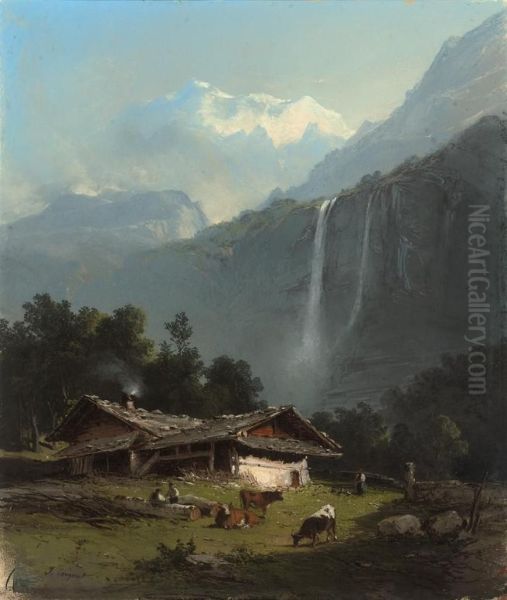 The Staubach Falls, Lauterbrunnen, Switzerland Oil Painting by Jules Louis Phillipe Coignet