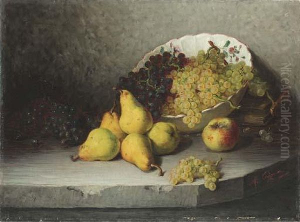 A Bowl Of Grapes With Pears And An Apple On A Stone Ledge Oil Painting by Marie Coignet