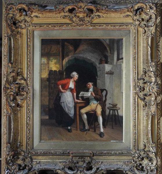 A Tavern Interior With A Serving Girl And An Elderly Gentleman Reading A Newspaper Oil Painting by Jan David Col