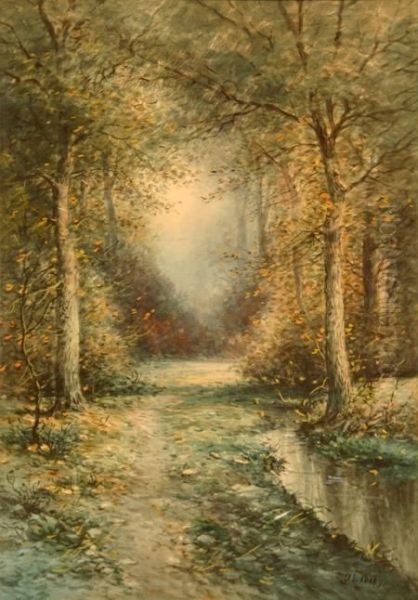 Stream Through A Forest Landscape Oil Painting by George Ernest Colby