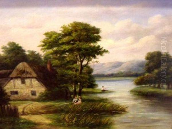 River Landscape With Figures Before A Thatched Cottage Oil Painting by George Vicat Cole