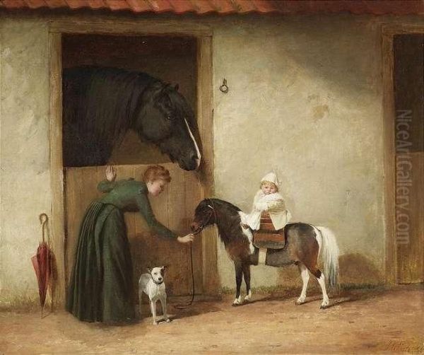 Scene At A Horse Stable. A Mother Leads Her Pony Riding Child To A Box. Oil/canvas/canvas, Signed And With Rest Of Dating 