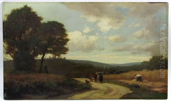 Landscape With Figures On Road With Dog And Cow Oil Painting by Joseph Foxcroft Cole