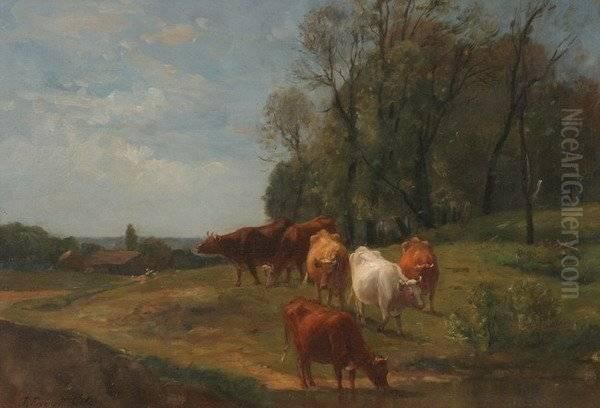 Cattle Drinking Oil Painting by Joseph Foxcroft Cole