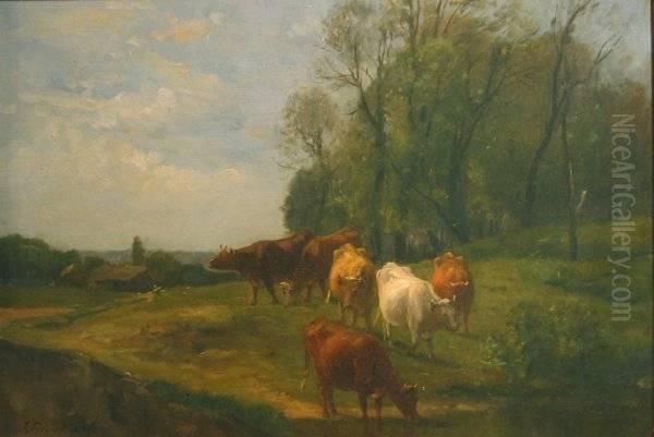 Cows In Pasture Oil Painting by Joseph Foxcroft Cole