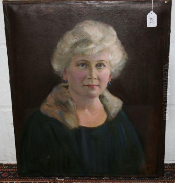 Portrait Of A Grey Haired Lady Wearing Blue Earrings And A Fur Collar Oil Painting by Philip H. Rideout