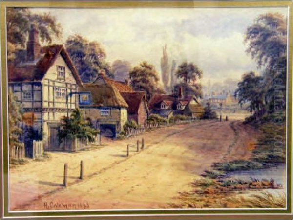 Village Street Scene Oil Painting by A. Coleman