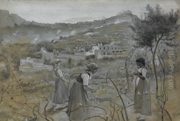 Capri Girls Pruning Vines Oil Painting by Charles Caryl Coleman