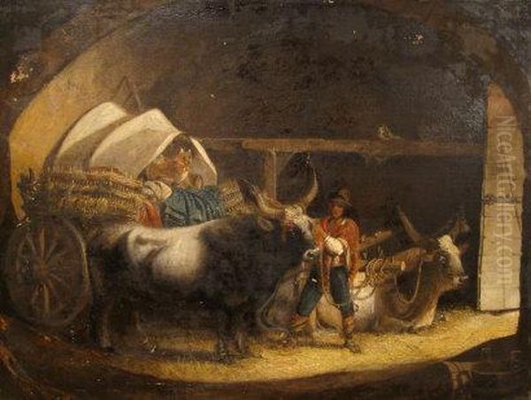 Peasant Figure Preparing Oxon To Draw A Laden Cart With Small Dog ,within A Barn, Watched From A Beam By A Seated Cat And Anowl. Oil Painting by Charles Caryl Coleman