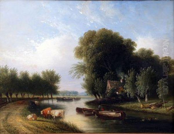 Extensive River Landscape With Figures, Boats And Cattle, Cottage Beyond Oil Painting by Samuel David Colkett