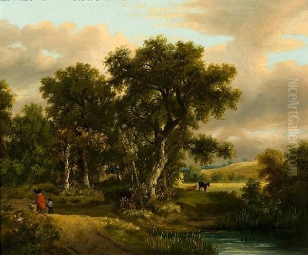 Figures In A Wooded Country Lane Oil Painting by Samuel David Colkett