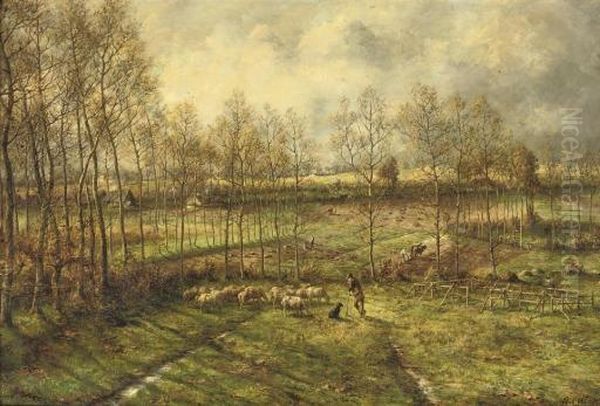 La Campagne En Mars: Sheep Grazing In A Pasture Oil Painting by Marie Collart