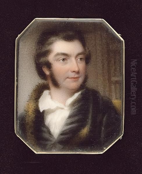 A Gentleman, Wearing Black Coat With Fur-trimmed Collar, Black Waistcoat And White Shirt, Panelled Room Background Oil Painting by Henry Collen