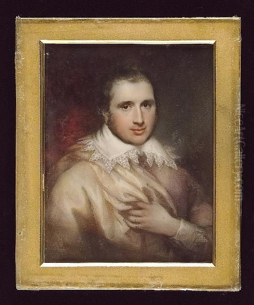 An Actor, Wearing Mauve Doublet, White Van Dyck Collar, Matching Cuff And Cream Cloak Over His Right Shoulder, His Left Hand Raised To His Chest, Crimson Curtain Background Oil Painting by Henry Collen