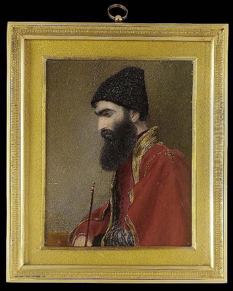 An Ottoman Diplomat, Profile To The Left, Wearing Scarlet Cloak Trimmed With Gold Braid Over Similar Coat And Scarlet Waistcoat, Heavily Embroidered Sash And Black Astraghan Hat, He Holds In His Right Hand A Pipe Oil Painting by Henry Collen