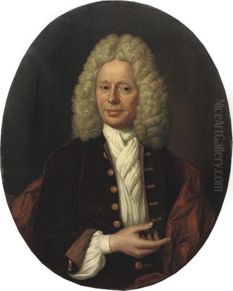 Portrait Of A Gentleman, Half-length, In A Red Velvet Costume With A White Chemise And White Jabot Oil Painting by Herman Collenius