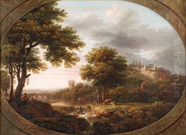 Figures And Animals Ina Landscape With An Castle And Abbey Ruins Beyond, In A Feignedoval Oil Painting by John Collet