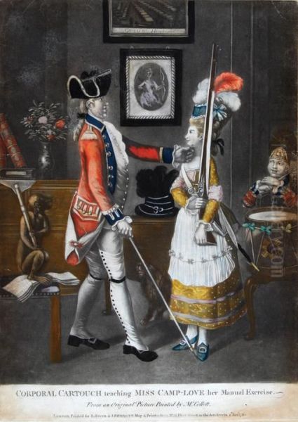 Corporal Cartouche Teaching Miss Camp-love Her Manual Exercise,
 The Straight-backed Corporal Touches The Chin Of His Pretty Young Recruit As She Stands To Attention In A Domestic Interior, A Monkey Holds A Flute To The Left, And A Cheeky Drummer Boy Watc Oil Painting by John Collet