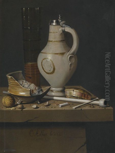 A 'toebakje' Still Life Of Smoker's Requisites, A Jug And A Tall Glass Partly Filled With Beer Oil Painting by Edwart Collier