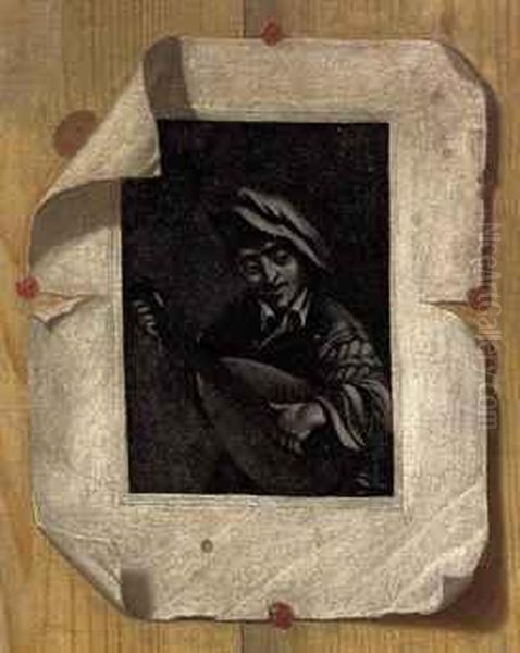 A Trompe L'oeil With A Print After A Painting By Adriaen Van Ostadedepicting A Man With A Guitar, Affixed To A Panel Oil Painting by Edwart Collier