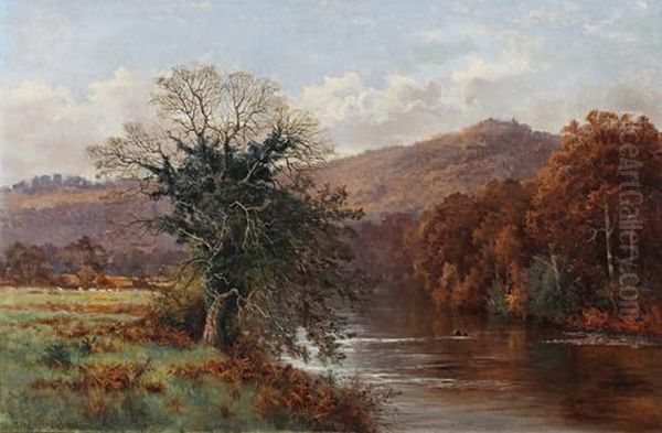 A Wooded River Landscape Oil Painting by Arthur Bevan Collier