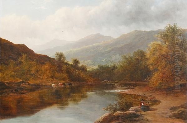 River Landscape With Cattle Watering Andfigures Resting On The Bank Oil Painting by Arthur Bevan Collier