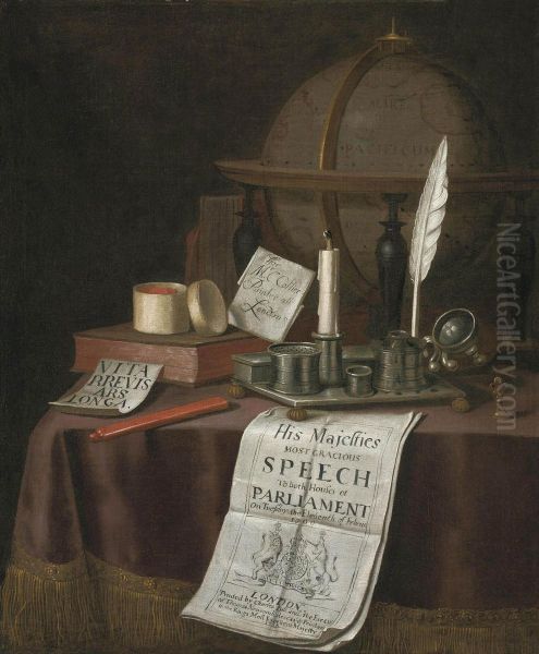 A Globe, An Inkwell With A Candle, Books And Other Objects On Adraped Table Oil Painting by Edward Collier