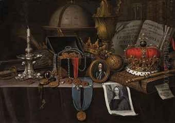 A Vanitas With A Medallion Of Henri Iv Of France, A Candlestick,globe And Other Objects, On A Draped Table Oil Painting by Edward Collier